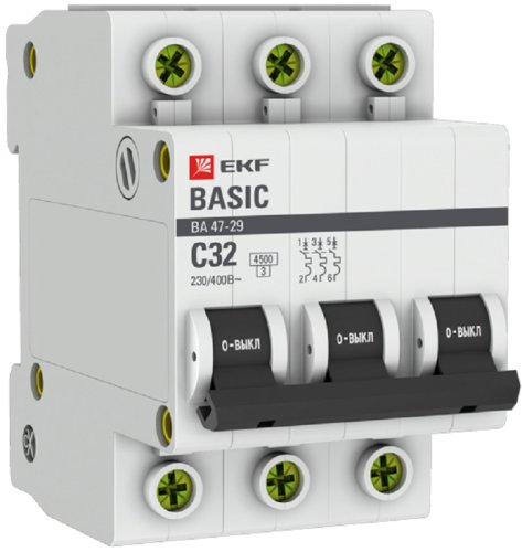 Выключатель автоматический EKF Basic ВА47-29 3п 32А C 4.5кА фото Выключатель автоматический EKF Basic ВА47-29 3п 32А C 4.5кА картинка